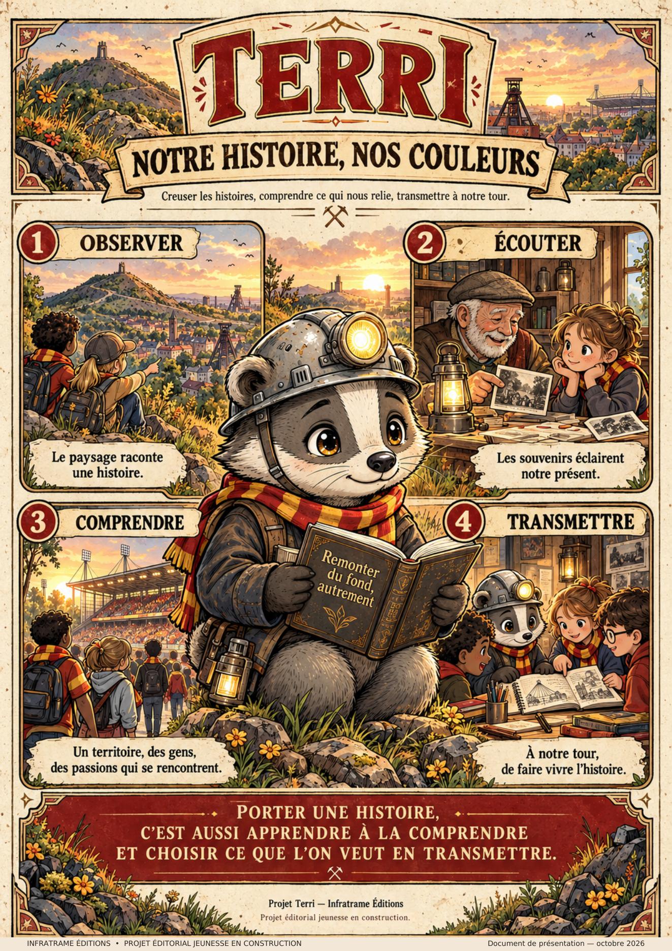 Manifeste Terri — Notre histoire, nos couleurs : le blaireau accompagne des jeunes pour observer le paysage, écouter les souvenirs, comprendre le territoire et transmettre l’histoire.